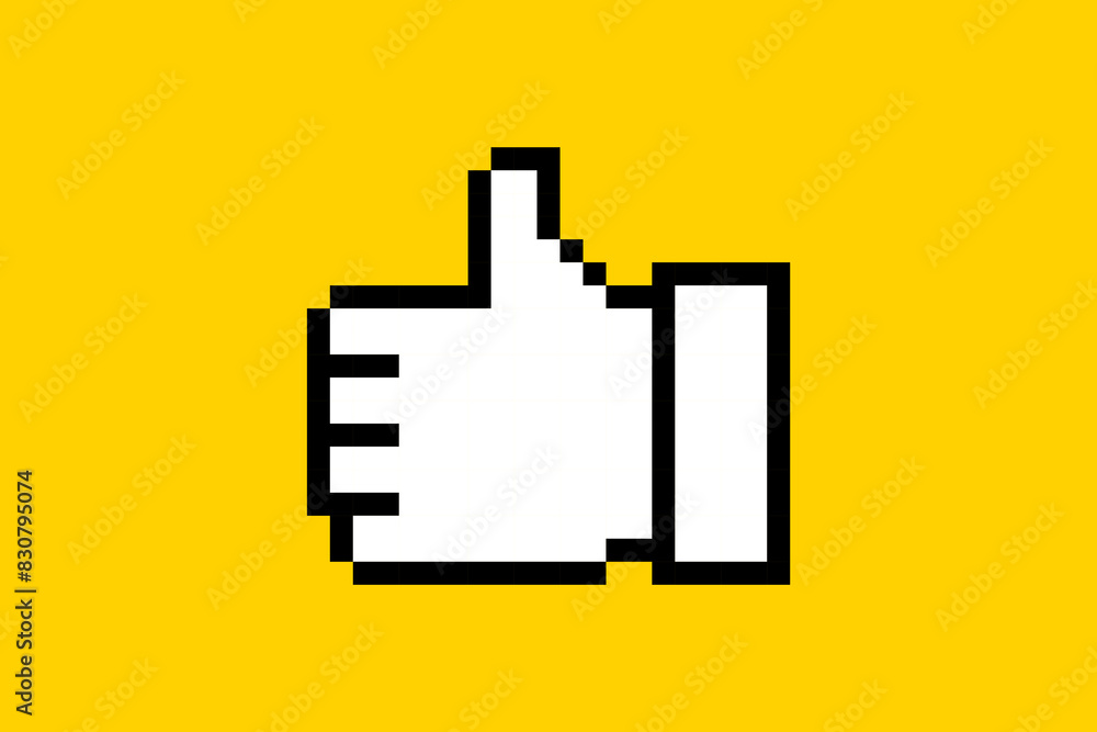 Cute sticker for social networks in pixel style. Call-To-Action icon with like hand. 8 bit element on a yellow background, button for blog. Cute sticker for social networks in pixel style. Call-To-Action icon with like hand. 8 bit element on a yellow background, button for blog.