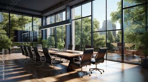 Threedimensional render of indoor corporate meeting room  contemporary and comfortable furniture  open floor  large windows  modern workplace 8K   high-resolution  ultra HD up32K HD