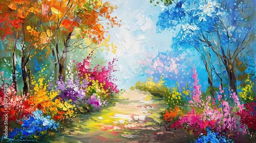 Painting of a colorful flower field with a beautiful mountain backdrop has a peaceful and serene atmosphere