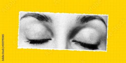 Halftone collage of eyes on a bright yellow checkered background, cut from a magazine. Vector retro pop art PNG element, grunge, closed eyes.