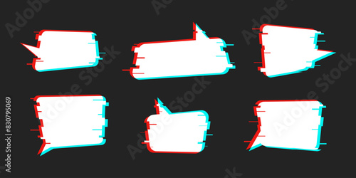 Set of white speech bubbles with retro glitch effect on a textured background. Broken pixels, banner template with empty space for text. Neon vibrant colors.