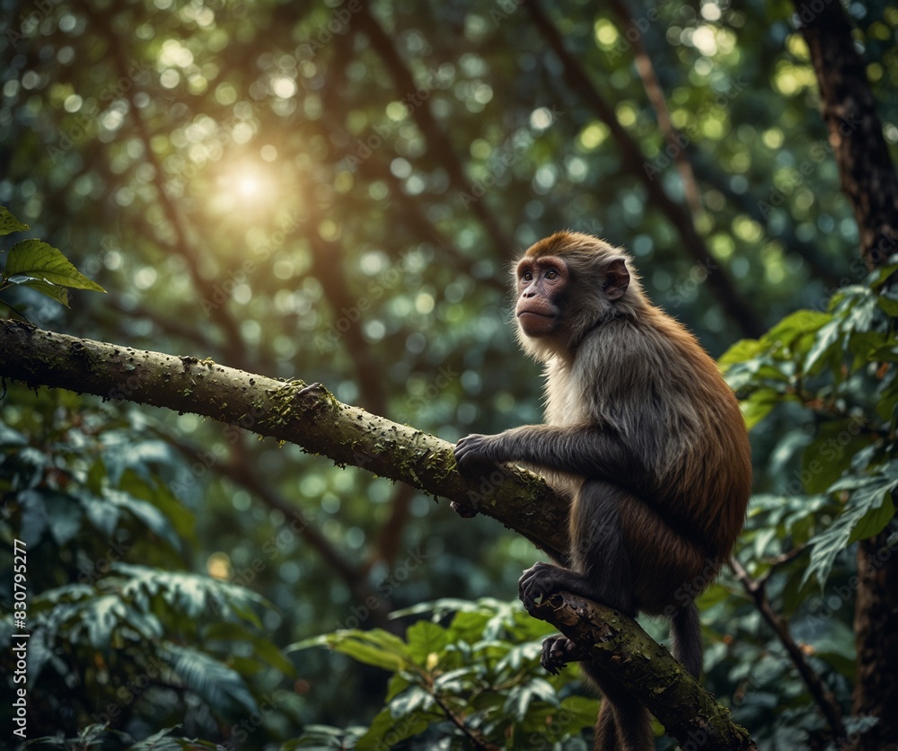Monkey animal sitting on a branch in the natural green forest Monkey animal sitting on a branch in the natural green forest