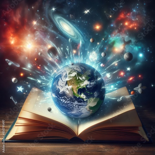 A vibrant composition showing a book with the Earth and cosmic elements bursting out against a starry sky backdrop, depicting unlimited imagination and knowledge.. AI Generation