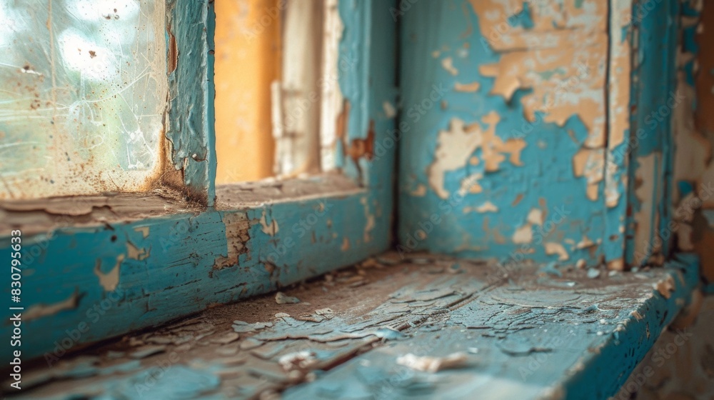 A macro shot of dust accumulating on an old window sill with peeling paint.