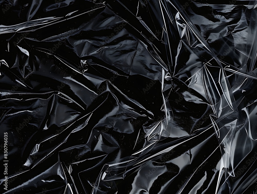 Wrinkled plastic wrap texture on a black background. Cellophane package wallpaper Wrinkled plastic wrap texture on a black background. Cellophane package wallpaper