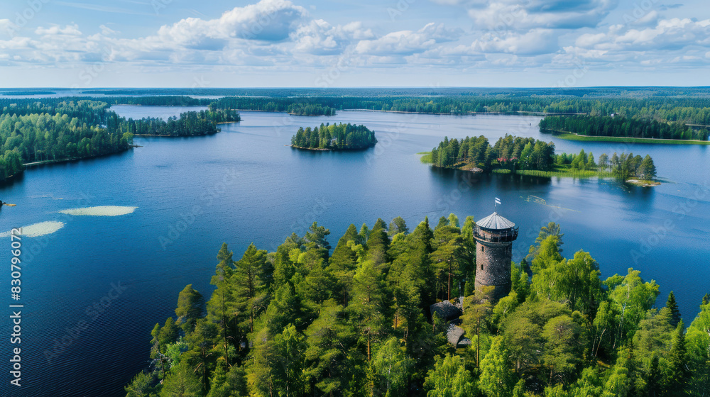 Stunning aerial shot of the Aulanko Observation Tower, nestled among vibrant green forests and shimmering blue lakes, with the Finnish flag waving in the summer breeze.