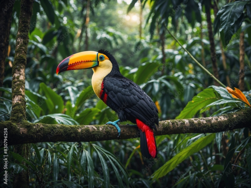 Fototapeta premium A toucan sitting on a branch in the natural green forest 