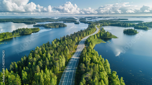 Stunning aerial vista of a road seamlessly integrated with green woods and blue lakes, showcasing Finland's picturesque summer landscape from above.