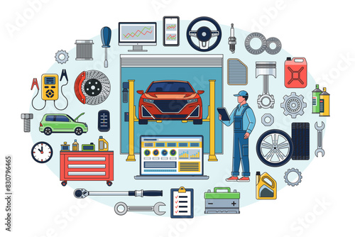 Auto repair, car service concept. An auto mechanic diagnoses a car on a lift in a service center. Vector illustration with the set of icons of car repair, check, tuning, maintenance tools, spare parts