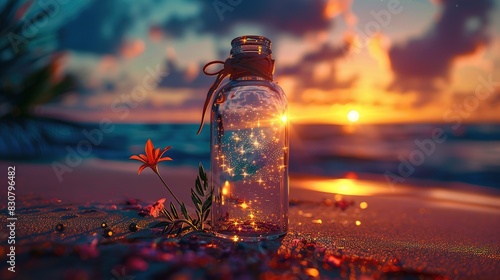 Beautiful Glass Bottle Containing Stars, Trees, Flowers, and the Milky Way, Placed on a Table with a Sunset Beach Background, Creating a Fantasy, Aesthetic, Literary, and Epic Scene with True Photogra
