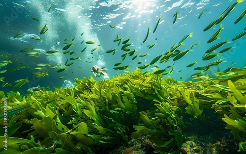  Green seaweed with fish, very beautiful natural underwater sea view in the Atlantic ocean, Spain, Galicia, Rias Baixas