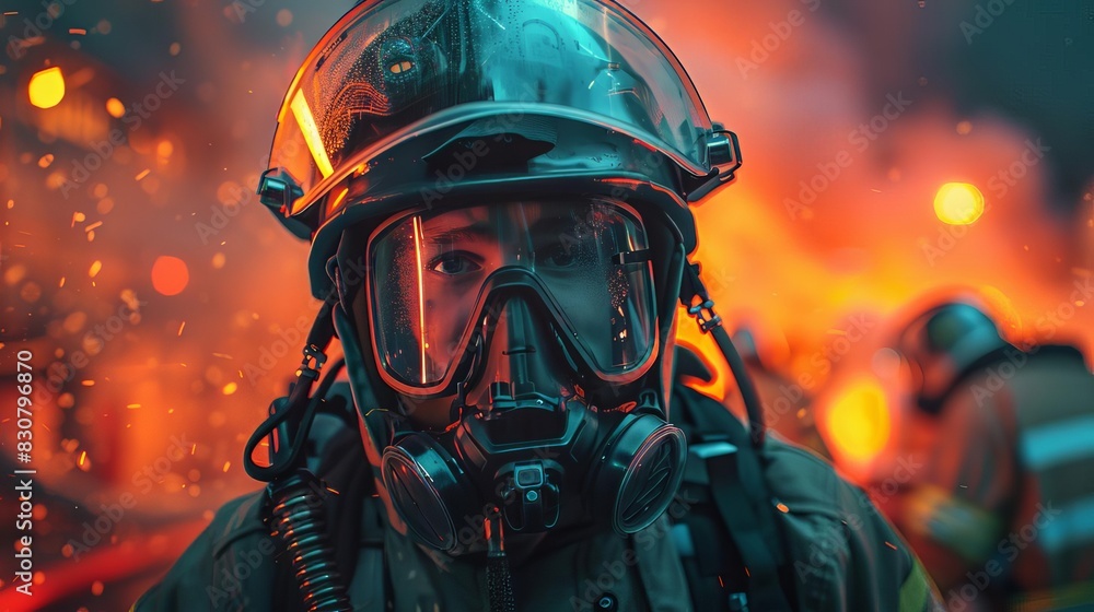 A firefighter in full gear, close up, readiness theme, futuristic, manipulation, fire station backdrop A firefighter in full gear, close up, readiness theme, futuristic, manipulation, fire station backdrop