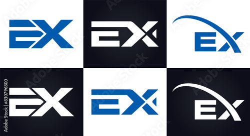 EX logo. E X design. White EX letter. EX, E X letter logo design. E X letter logo design in FIVE, FOUR, THREE, style. letter logo set in one artboard. E X letter logo vector design.