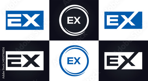 EX logo. E X design. White EX letter. EX, E X letter logo design. E X letter logo design in FIVE, FOUR, THREE, style. letter logo set in one artboard. E X letter logo vector design.