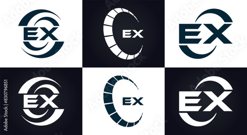 EX logo. E X design. White EX letter. EX, E X letter logo design. E X letter logo design in FIVE, FOUR, THREE, style. letter logo set in one artboard. E X letter logo vector design.