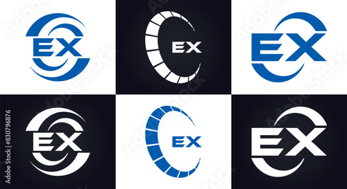 EX logo. E X design. White EX letter. EX, E X letter logo design. E X letter logo design in FIVE, FOUR, THREE, style. letter logo set in one artboard. E X letter logo vector design.