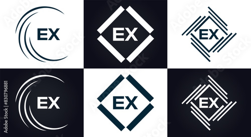 EX logo. E X design. White EX letter. EX, E X letter logo design. E X letter logo design in FIVE, FOUR, THREE, style. letter logo set in one artboard. E X letter logo vector design.