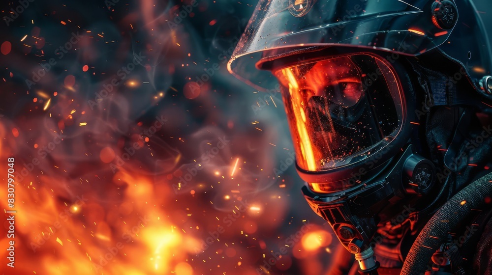 A firefighter in full gear, close up, readiness theme, futuristic, manipulation, fire station backdrop A firefighter in full gear, close up, readiness theme, futuristic, manipulation, fire station backdrop