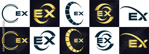 EX logo. E X design. White EX letter. EX, E X letter logo design. E X letter logo design in FIVE, FOUR, THREE, style. letter logo set in one artboard. E X letter logo vector design.