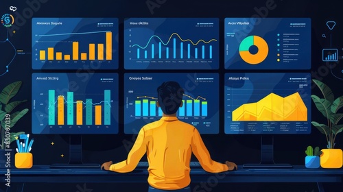 Analyzing Sales Data Growth Graph Chart and Stock Market Trends on Blue Background: Business Strategy Insights 