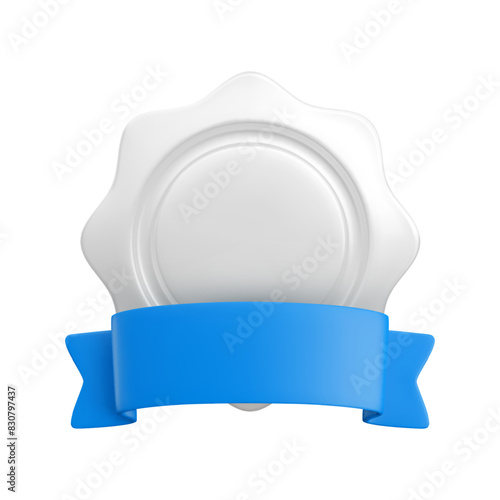 Vector cartoon 3d empty medal with blue ribbon realistic icon. Trendy silver round wavy award, platinum winner badge sign. 3d render chrome metallic quality badge isolated on white.