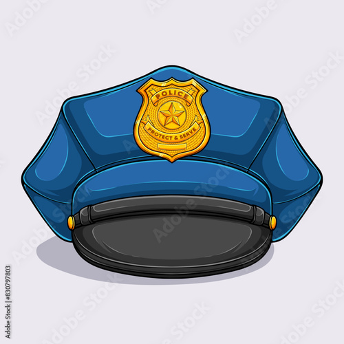 Hand drawn Police officer hat with golden badge, Police peaked cap with cockade isolated