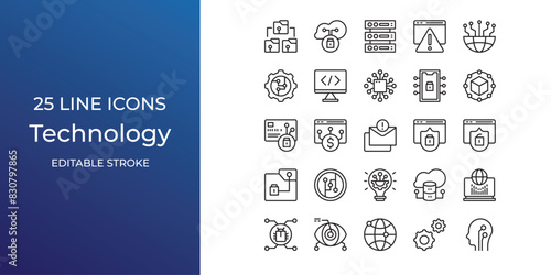 Technology icon set vector design editable stroke. server, data cloud, folders secure and more