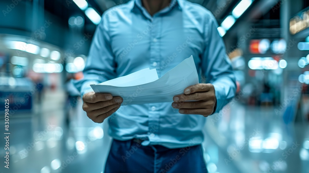 Businessman reading documents in a modern brightly lit office environment, focusing on paperwork and professional tasks. Businessman reading documents in a modern brightly lit office environment, focusing on paperwork and professional tasks.