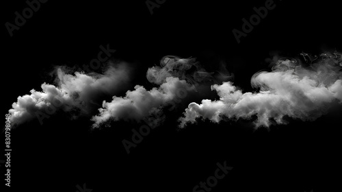 Fog or smoke set isolated on black background. White cloudiness, mist or smog background White clouds isolated on black background, clouds set on black, Generative AI
