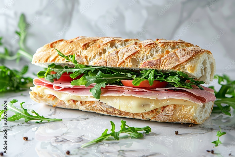 Delicious sandwich with ham, cheese, tomato, and fresh arugula on a crispy baguette Delicious sandwich with ham, cheese, tomato, and fresh arugula on a crispy baguette