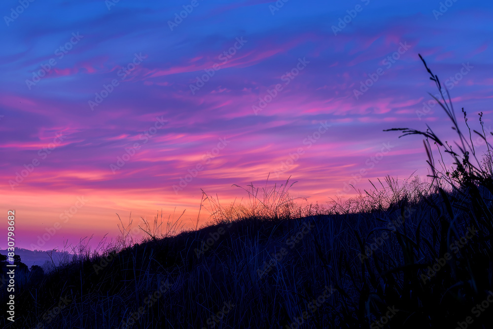 Fototapeta premium Captivating Vibrant Sunset Casting Beautiful Silhouettes Over Rolling Hills and Lush Grass