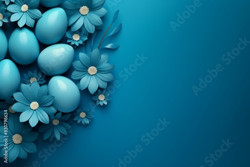 blue eggs and flowers on a blue background