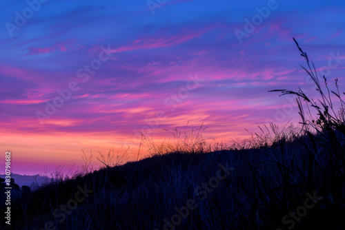 Captivating Vibrant Sunset Casting Beautiful Silhouettes Over Rolling Hills and Lush Grass