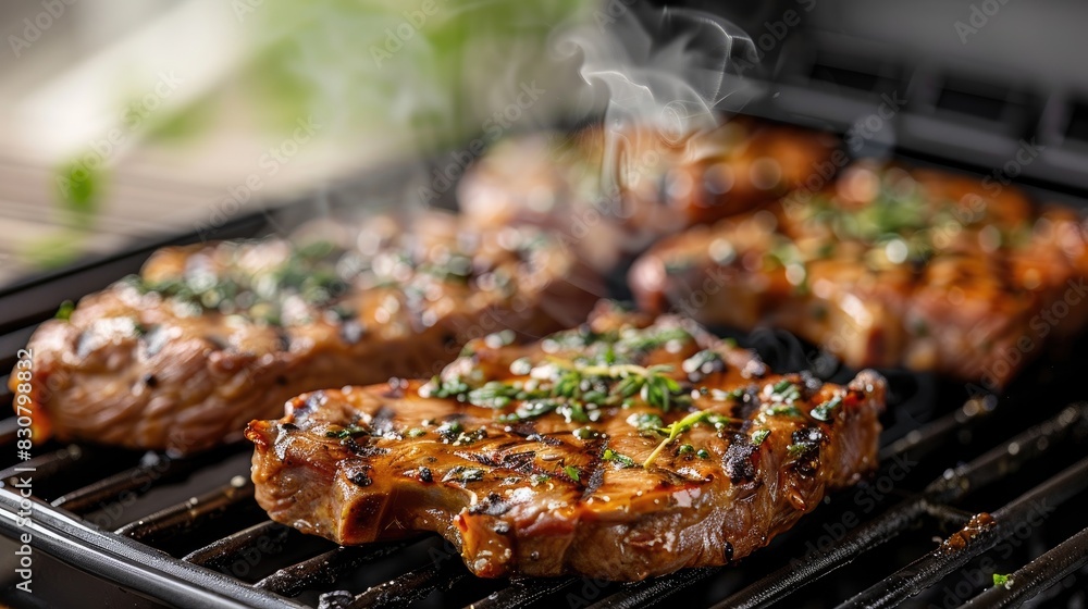 Pork steaks close up on an electric grill in a garden On a white background Pork steaks close up on an electric grill in a garden On a white background