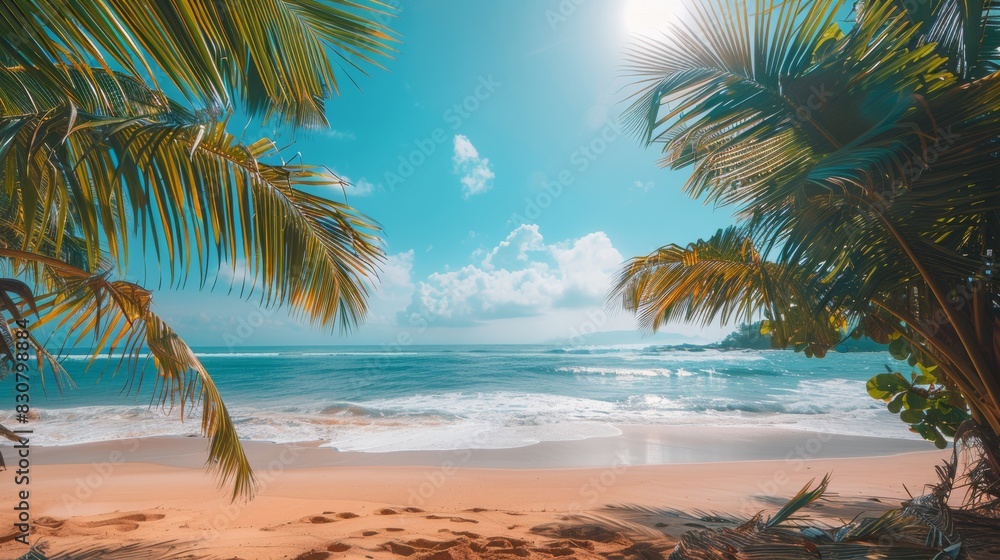 Tropical beach scene with golden sand, palm trees, and turquoise waters under a bright blue sky