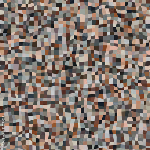 Checkered grid with irregular and uneven small squares in different shades of grey and brown. Modern mosaic style. Seamless repeating pattern.