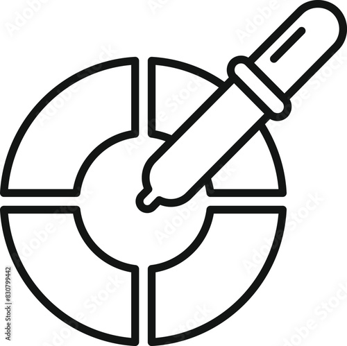 Black and white icon of a pipette dispensing a sample into a segmented circular plate