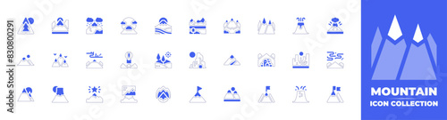 Mountain icon collection. Duotone style line stroke and bold. Vector illustration. Containing mountain, mountains, fujimountain, snowing, roadbanner, goal, northernlights, fuji, hotairballoon. photo