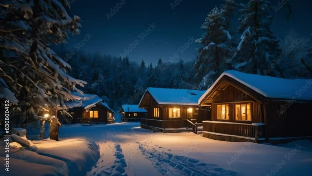 Cozy Snowy Cabins at Night in Winter Forest
Cozy Snowy Cabins at Night in Winter Forest
