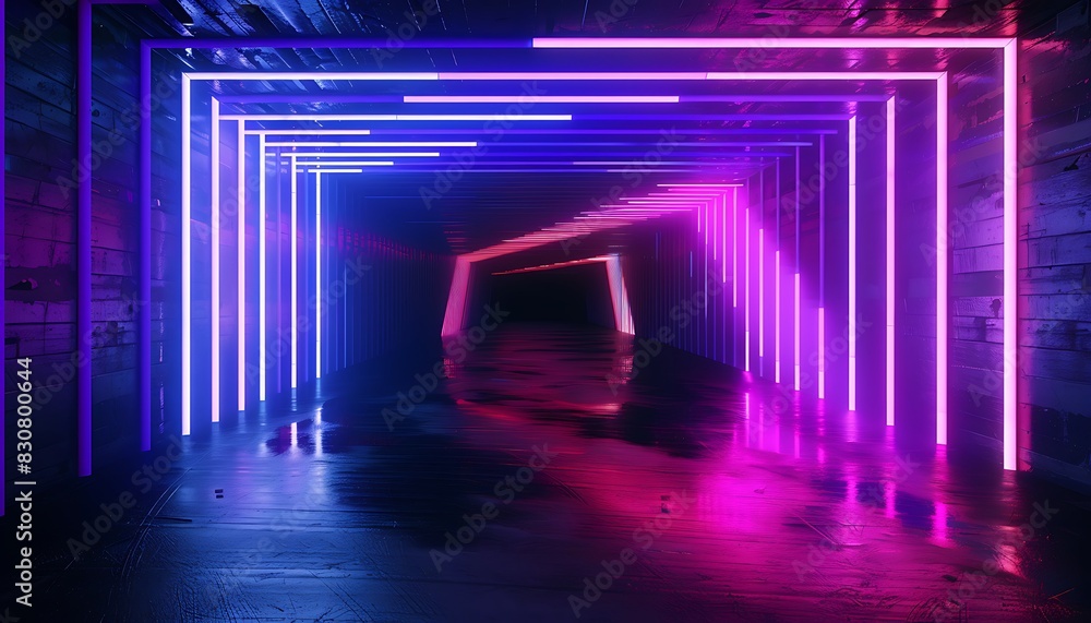 3d render. Geometric figure in neon light against a dark tunnel. Laser glow. 3d render. Geometric figure in neon light against a dark tunnel. Laser glow.