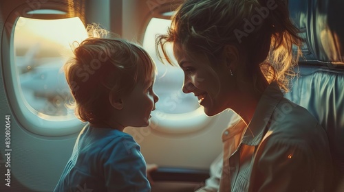 A flight attendant interacting with a child, focus on, friendly service theme, dynamic, double exposure, familyfriendly flight backdrop photo