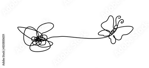 Continuous line art of a tangled rope and a butterfly in 
 mental health concept.	