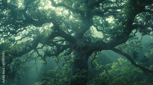 Capture the captivating essence of a wise old oak tree in a misty morning forest Utilize film photography to highlight intricate details of its gnarled bark and lush green leaves