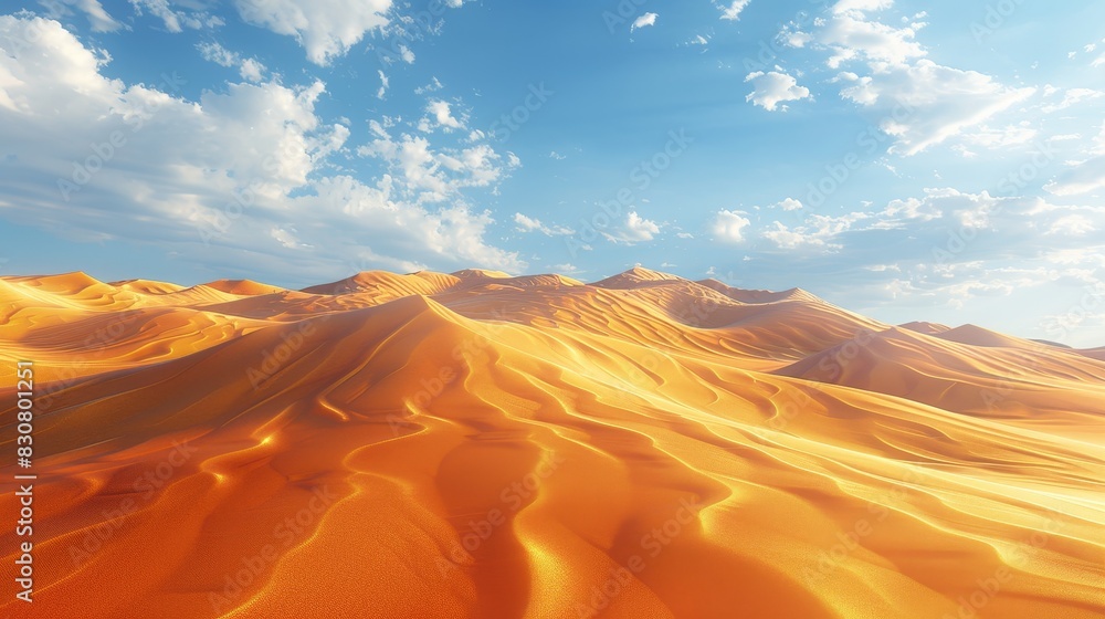 Fototapeta premium Capture the grandeur of a desert landscape from a worms-eye view Show towering sand dunes with intricate textures and golden hues Use digital techniques to create a photorealistic