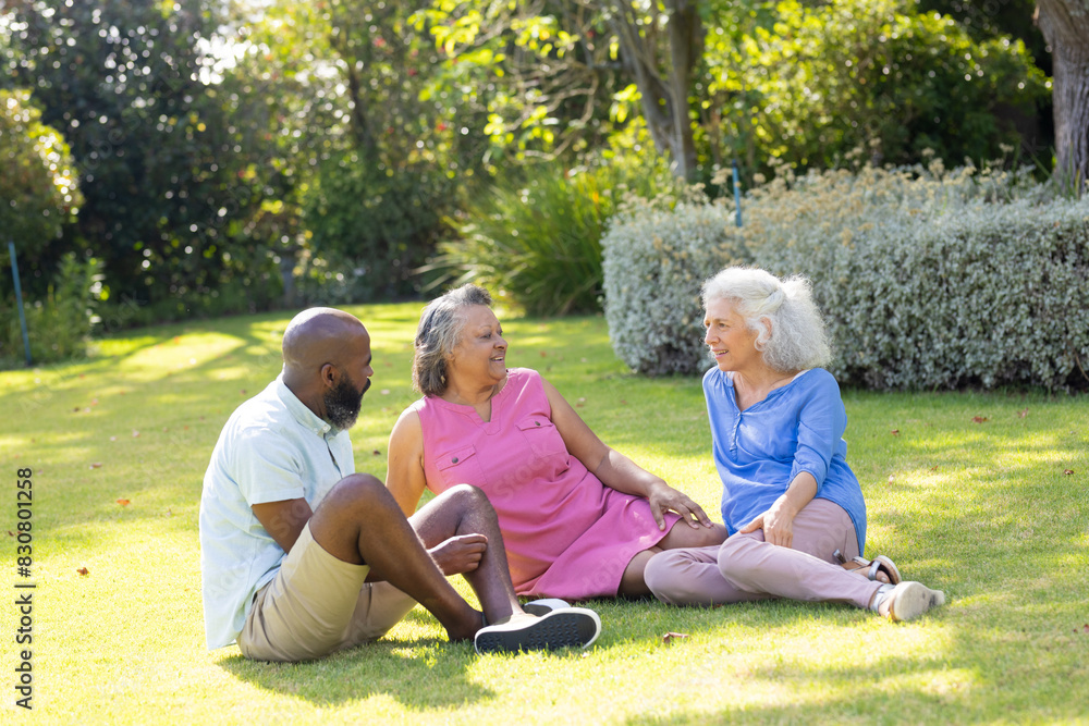 Fototapeta premium Outdoors, diverse senior friends laughing together in sunny park