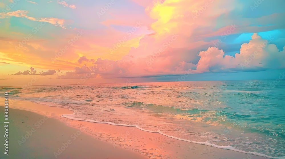 Beautiful Evening Sunset on a Florida Beach with Clouds and Rain Over Calm Turquoise Ocean Waters, Featuring Pink, Orange, Yellow, and Blue Hues, Sand Leading to the Water,