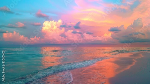 Beautiful Evening Sunset on a Florida Beach with Clouds and Rain Over Calm Turquoise Ocean Waters, Featuring Pink, Orange, Yellow, and Blue Hues, Sand Leading to the Water,
