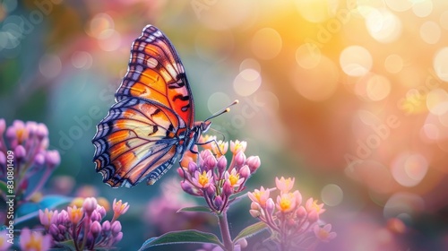 Capture the intricate details of a vibrant butterfly perched on a blooming flower, showcasing the delicate veins on its wings against a soft, blurred background