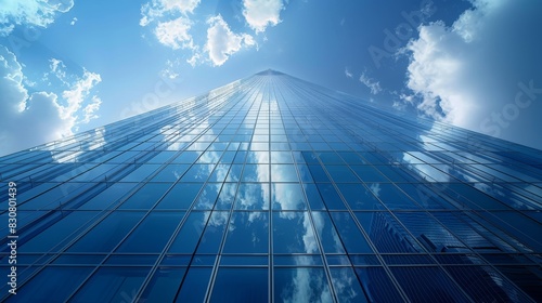 Capture the majestic allure of a towering skyscraper with a dynamic low-angle view