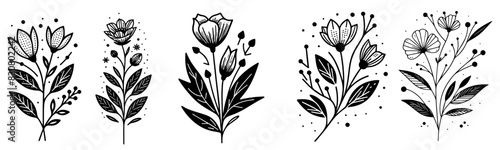 flowers black vector with transparent background, monochrome silhouette illustration, decorative shape sketch for laser cutting engraving print photo